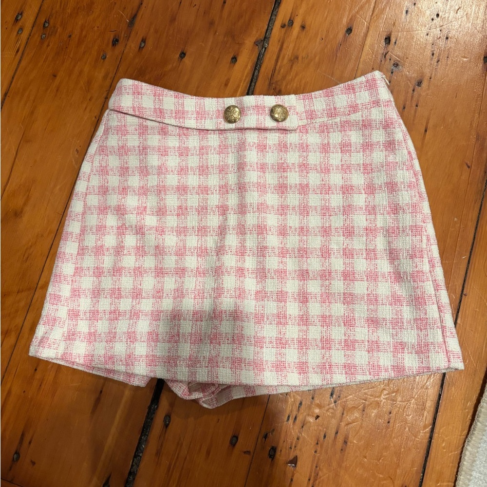 Zara Pink Gingham Tweed Checkered Mini Skirt Skort Size Small - Picture 6 of 7